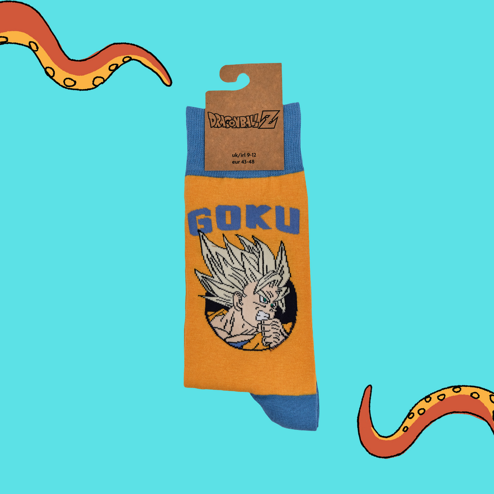 
                      
                        A pair of socks depicting Super Saiyan Goku. Orange legs, light blue heel, toe and Cuff.
                      
                    