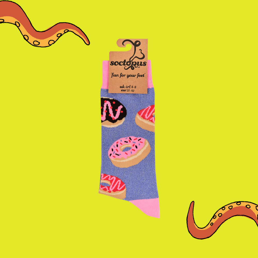 
                      
                        A pair of socks depicting iced doughnuts. Light purple legs, pink cuff, heel and toe. In Soctopus Packaging.
                      
                    