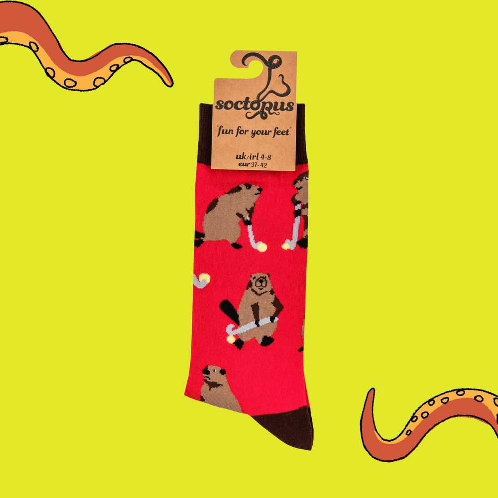 
                      
                        A pair of socks depicting a beaver playing hockey. Red legs, brown heel, toe and cuff. 
                      
                    