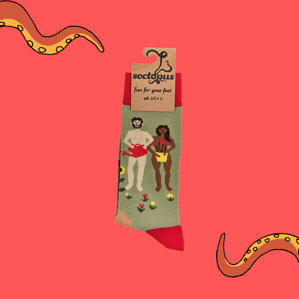 
                  
                    A pair of socks depicting naked gardeners. Green legs, red cuff, heel and toe. In Soctopus Packaging.
                  
                
