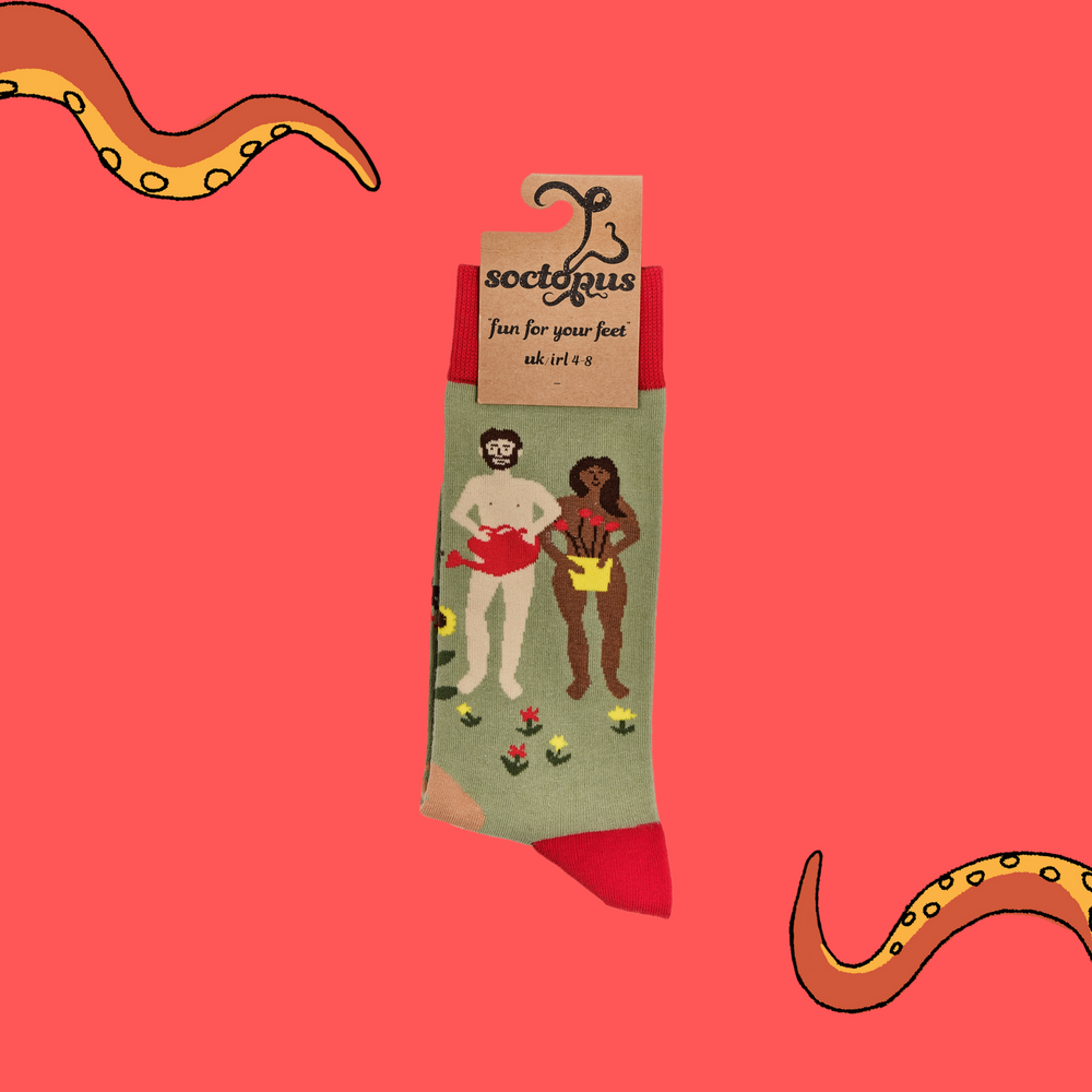 
                      
                        A pair of socks depicting naked gardeners. Green legs, red cuff, heel and toe. In Soctopus Packaging.
                      
                    