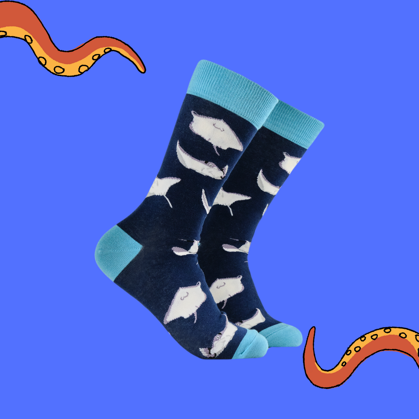 A pair of socks featuring sting rays. Dark blue legs, light blue heel, toe and cuff. 