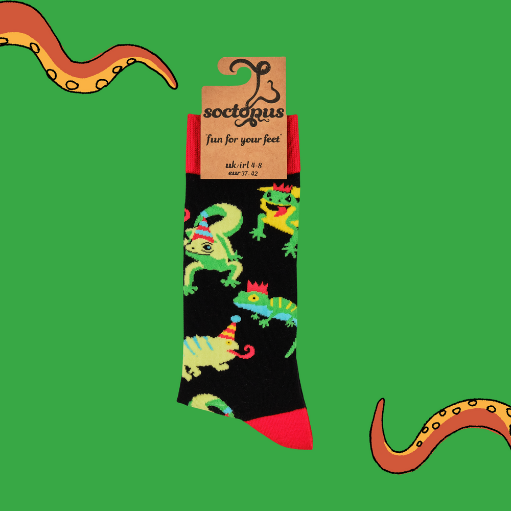 
                      
                        A pair of socks depicting lizards in party hats. Black legs, red cuffs, heels and toe. 
                      
                    