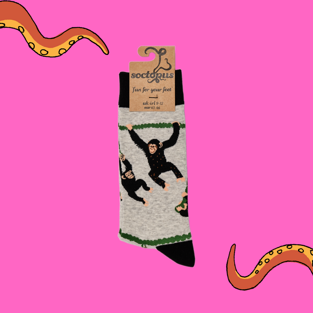 
                      
                        A pair of socks depicting playful chimpanzees. Grey legs, black cuff, heel and toe. In Soctopus Packaging.
                      
                    