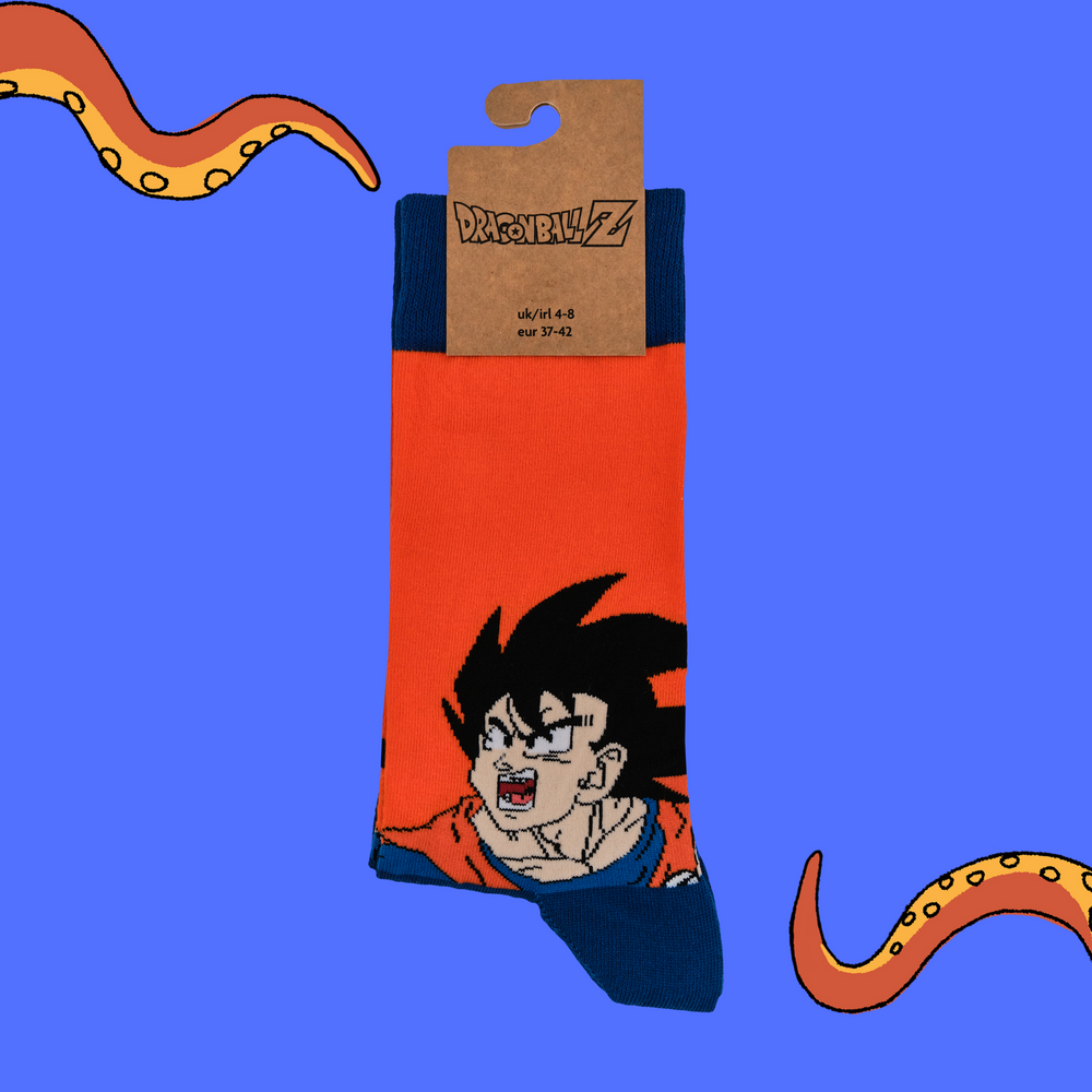 
                      
                        A pair of socks depicting Goku from Dragon Ball Z. Orange legs, dark blue heel, cuff and toe.
                      
                    