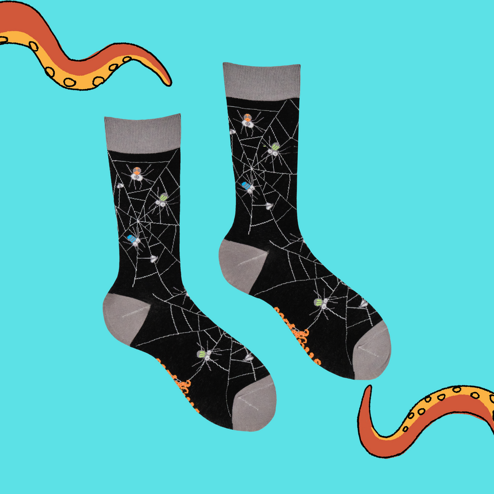 
                      
                        A pair of socks with googly eyed spiders. Black legs, grey heel, toe and cuff. 
                      
                    