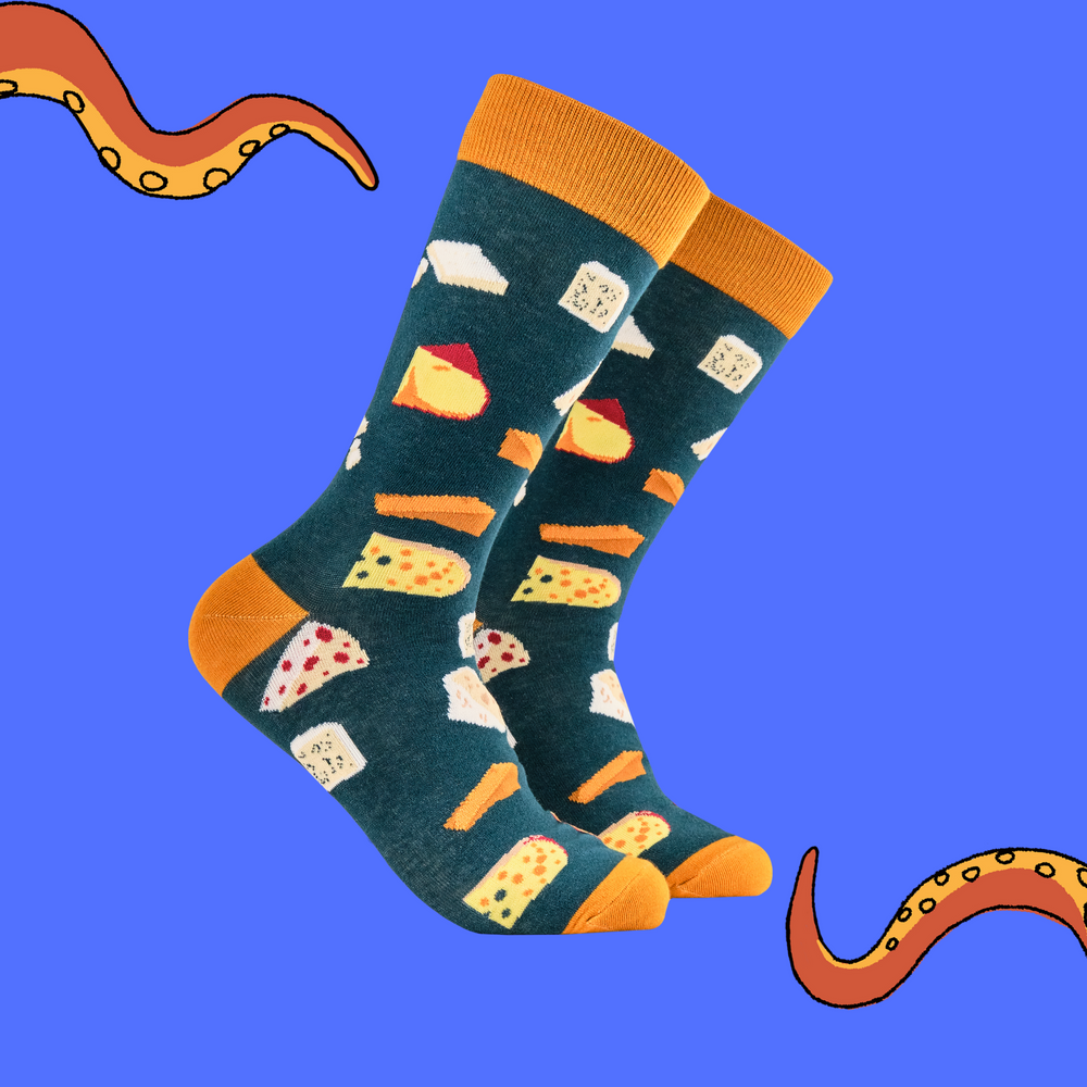 A pair of socks featuring various varieties of cheese. Dark green legs. Yellow heel toe and cuff. 