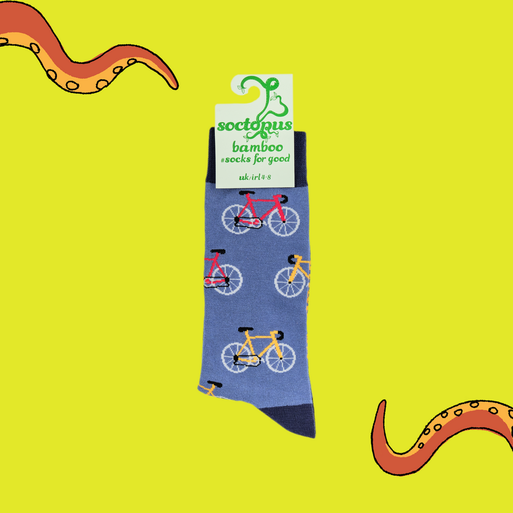 
                      
                        A pair of socks depicting red and yellow bikes. Blue legs, dark blue cuff, heel and toe. In Soctopus Packaging.
                      
                    