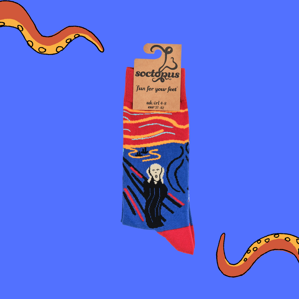
                  
                    A pair of socks depicting the scream. Blue legs, red cuff, heel and toe. In Soctopus Packaging.
                  
                