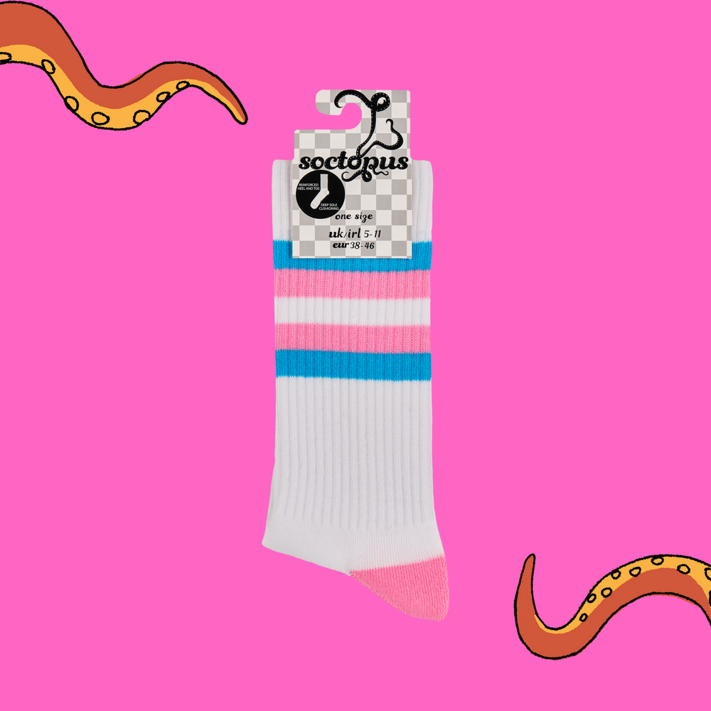 
                  
                    A pair of socks depicting tea cups and tea pots. White legs, pink and blue striped cuff, heel and toe. In Soctopus Packaging.
                  
                