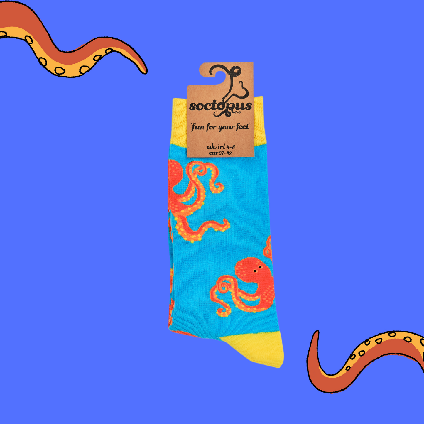 
                  
                    A pair of socks depicting the soctopus mascot, Captain Soctopus. Blue legs, yellow cuff, heel and toe. In Soctopus Packaging.
                  
                