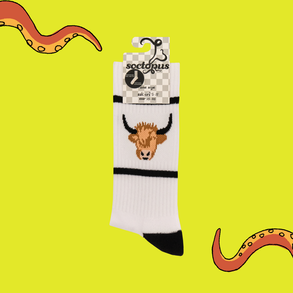 
                      
                        A pair of athletic style socks featuring a highland cow motif. White legs, black eel, toe and cuff. 
                      
                    