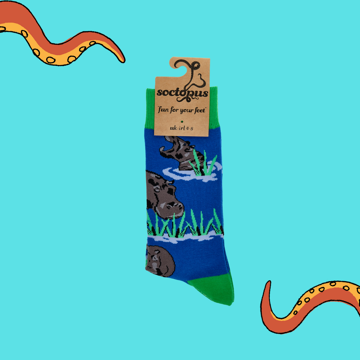 
                  
                    A pair of socks depicting hippos in water. Blue legs, green cuff, heel and toe. In Soctopus Packaging.
                  
                