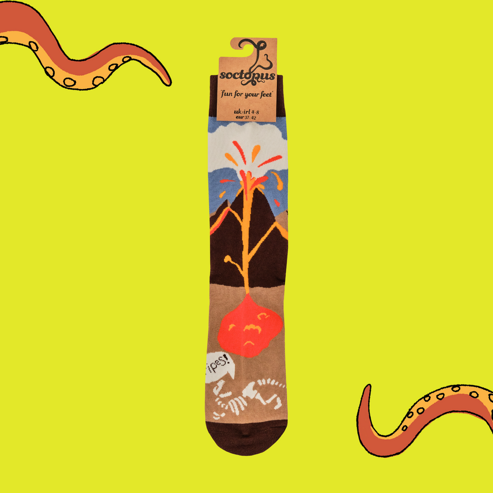 
                      
                        A pair of socks depicting an active volcano. Brown legs, brown heel toe and cuff. 
                      
                    