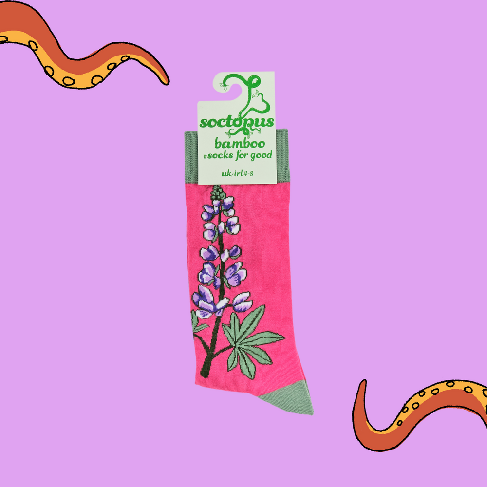 
                      
                        A pair of socks depicting Lupins. Pink legs, light green cuff, heel and toe. In Soctopus Packaging.
                      
                    