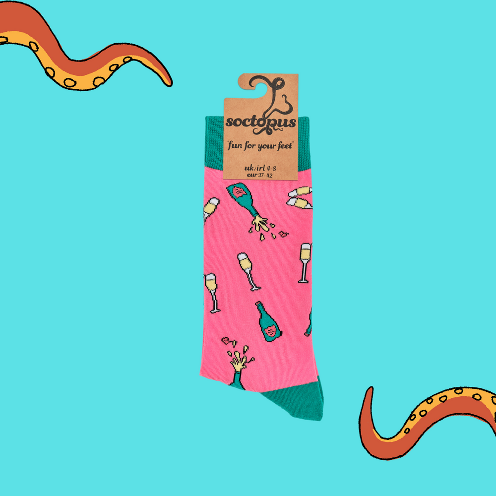 
                      
                        A pair of socks depicting champagne bottles and glasses. Pink legs, turquoise cuff, heel and toe. In Soctopus Packaging.
                      
                    