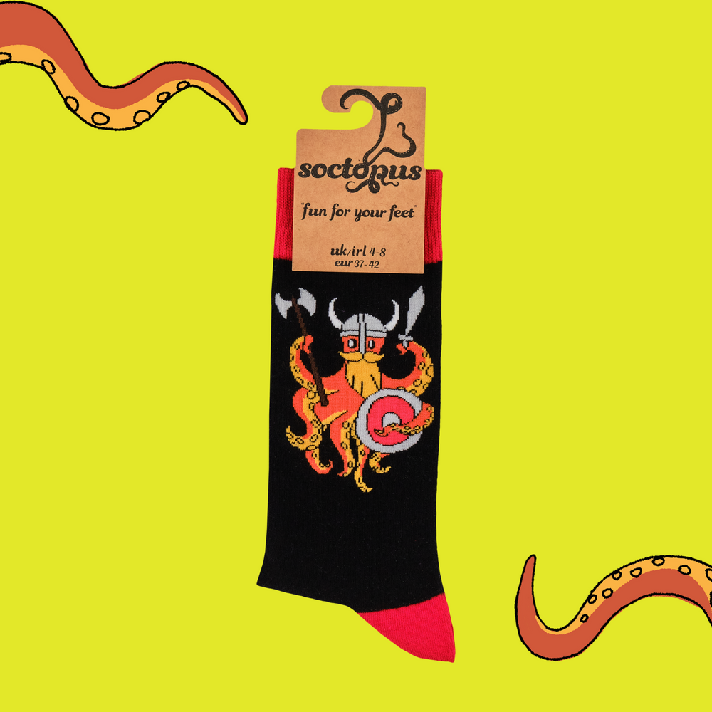 
                      
                        A pair of socks depicting the Soctopus mascot dressed as a viking. Black legs. Red toes, heels, cuffs. 
                      
                    