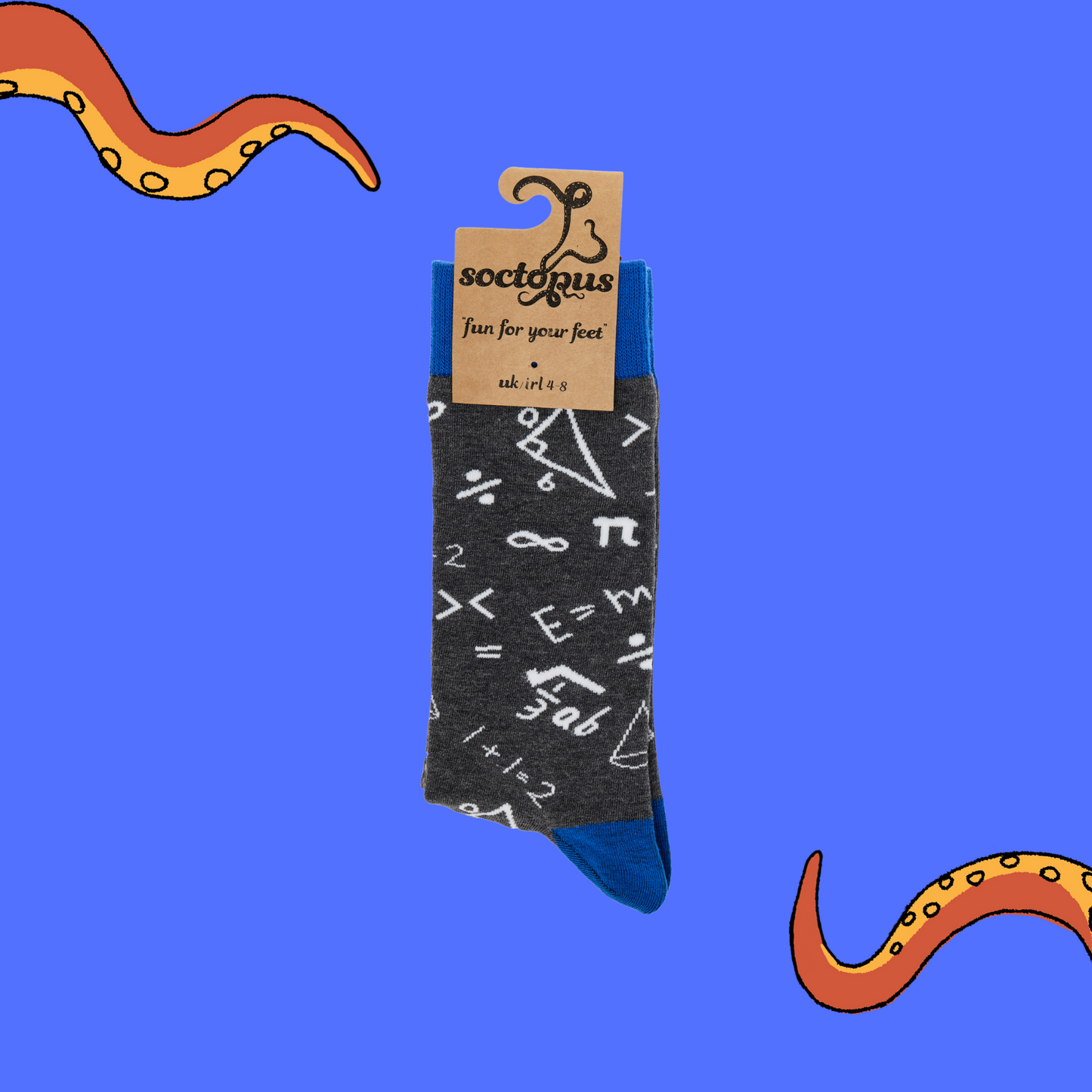 
                  
                    A pair of socks depicting mathematical equations. Grey legs, blue cuff, heel and toe. In Soctopus Packaging.
                  
                