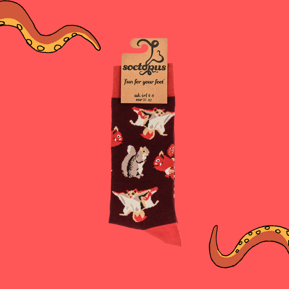 
                      
                        A pair of socks depicting different kinds of squirrel. Dark red legs, red cuff, heel and toe. In Soctopus Packaging.
                      
                    