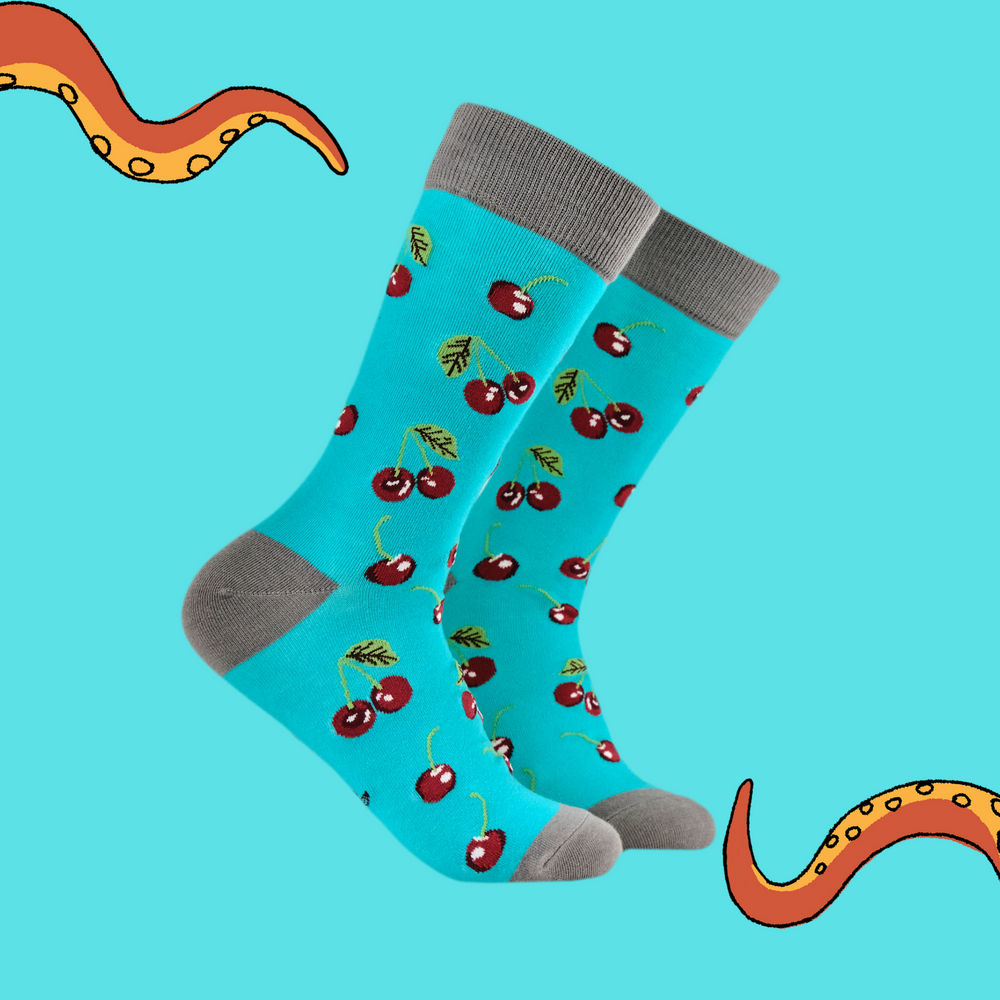 A pair of socks featuring cherries. Bright blue legs, grey heel, toe and cuff. 