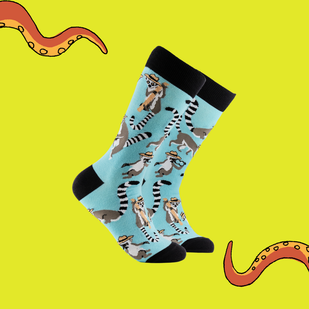 
                      
                        A pair of socks depicting Lemurs being detectives. Black legs, light blue cuff, heel and toe.
                      
                    