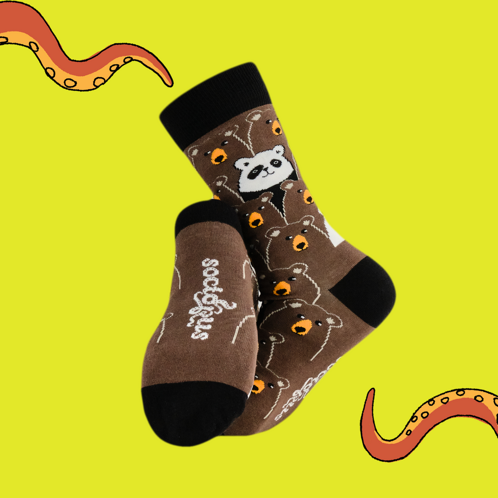 
                      
                        A pair of socks with a fun bear pattern. Brown legs, black heel, toe and cuff. 
                      
                    