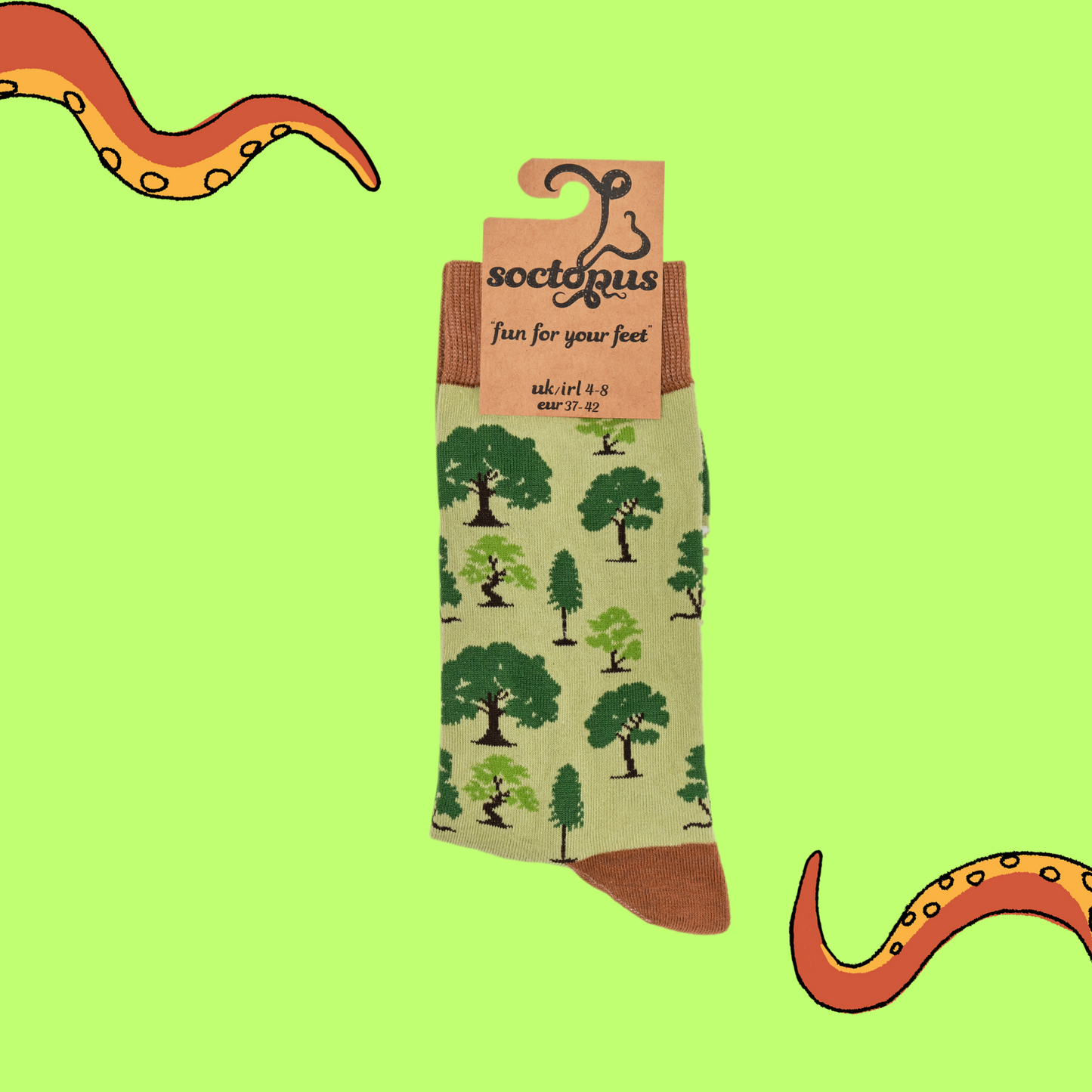 
                  
                    A pair of socks depicting British trees. Yellow legs, orange cuff, heel and toe. In Soctopus Packaging.
                  
                