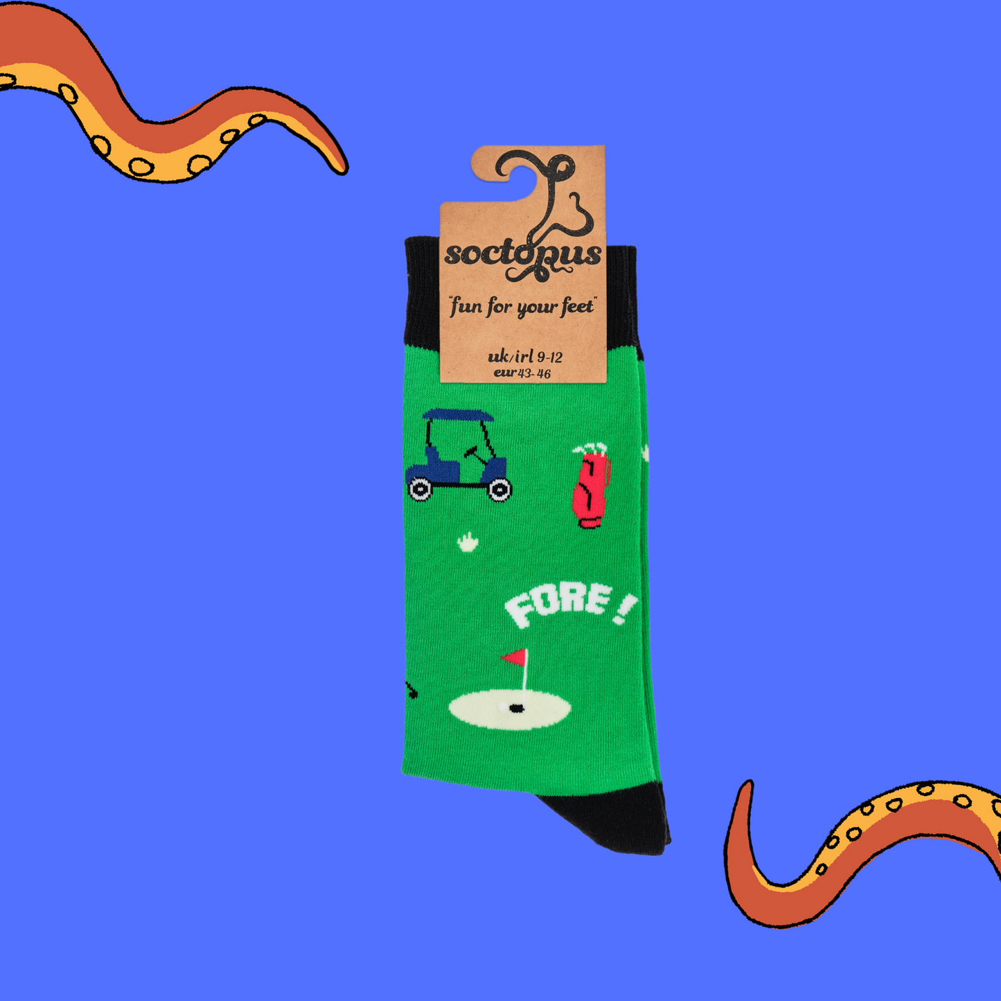 
                  
                    A pair of socks depicting golf. Green legs, black cuff, heel and toe. In Soctopus Packaging.
                  
                