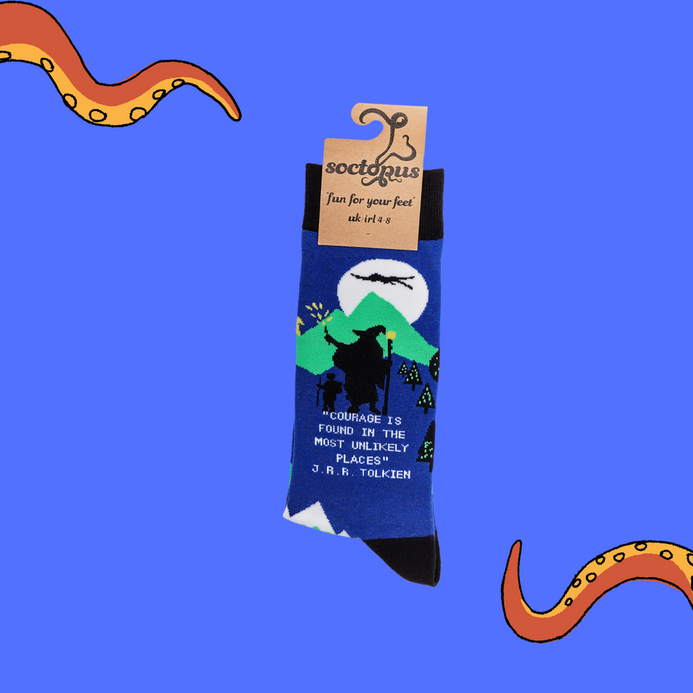 
                      
                        A pair of socks depicting middle earth. Blue legs, black cuff, heel and toe. In Soctopus Packaging.
                      
                    