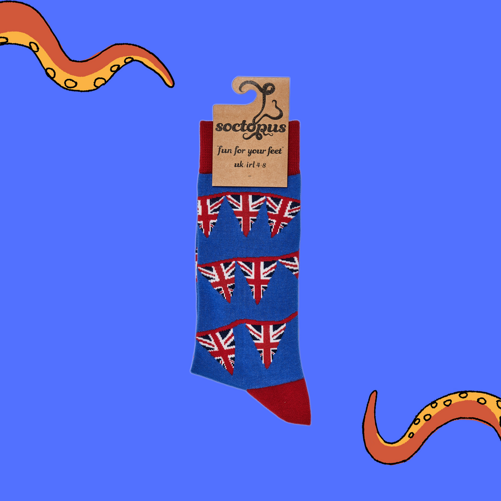 
                  
                    A pair of socks depicting Union Jack bunting. Blue legs, red cuff, heel and toe. In Soctopus Packaging.
                  
                
