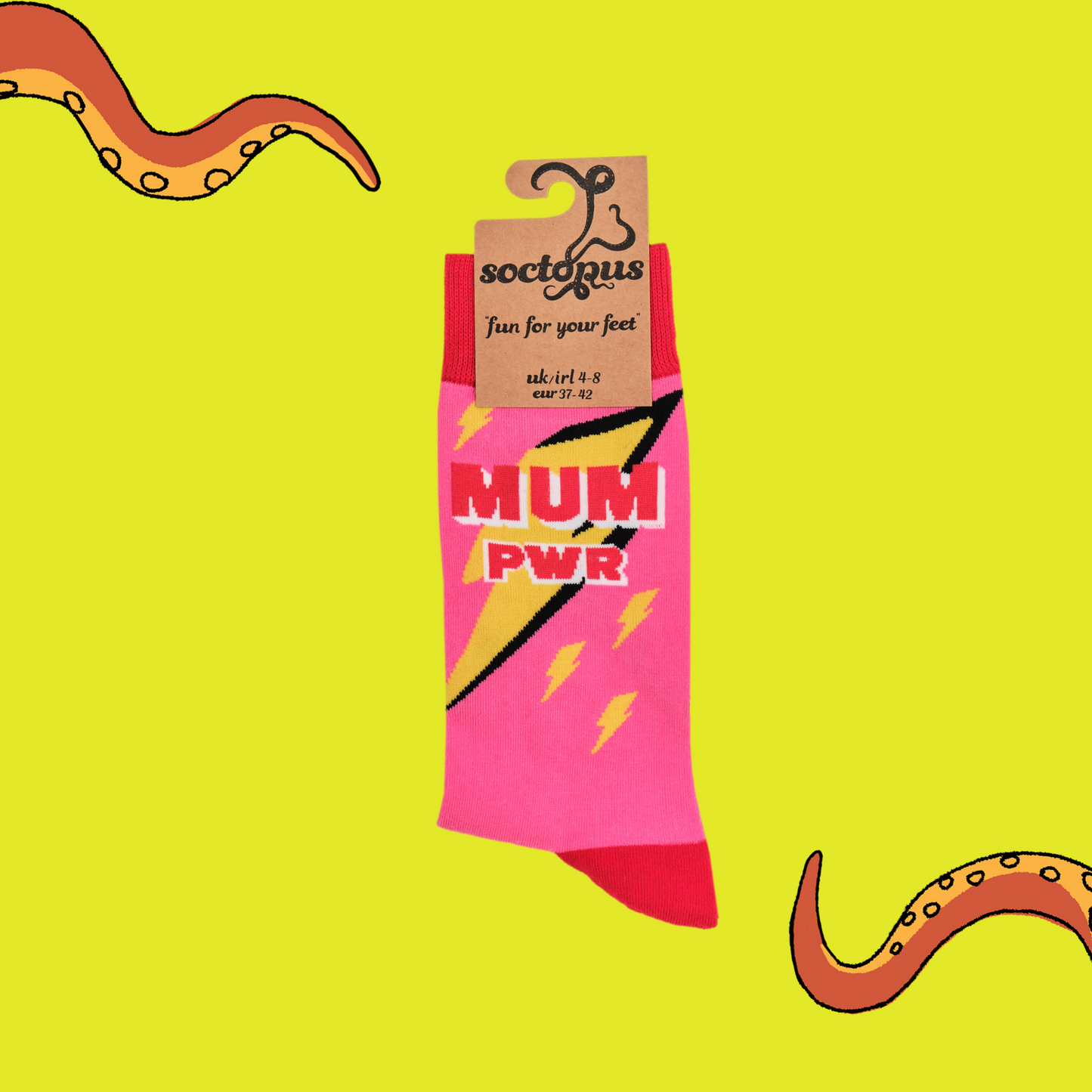 
                  
                    A pair of socks depicting lightning bolts and the words MUM PWR. Pink legs, red cuff, heel and toe. In Soctopus Packaging.
                  
                