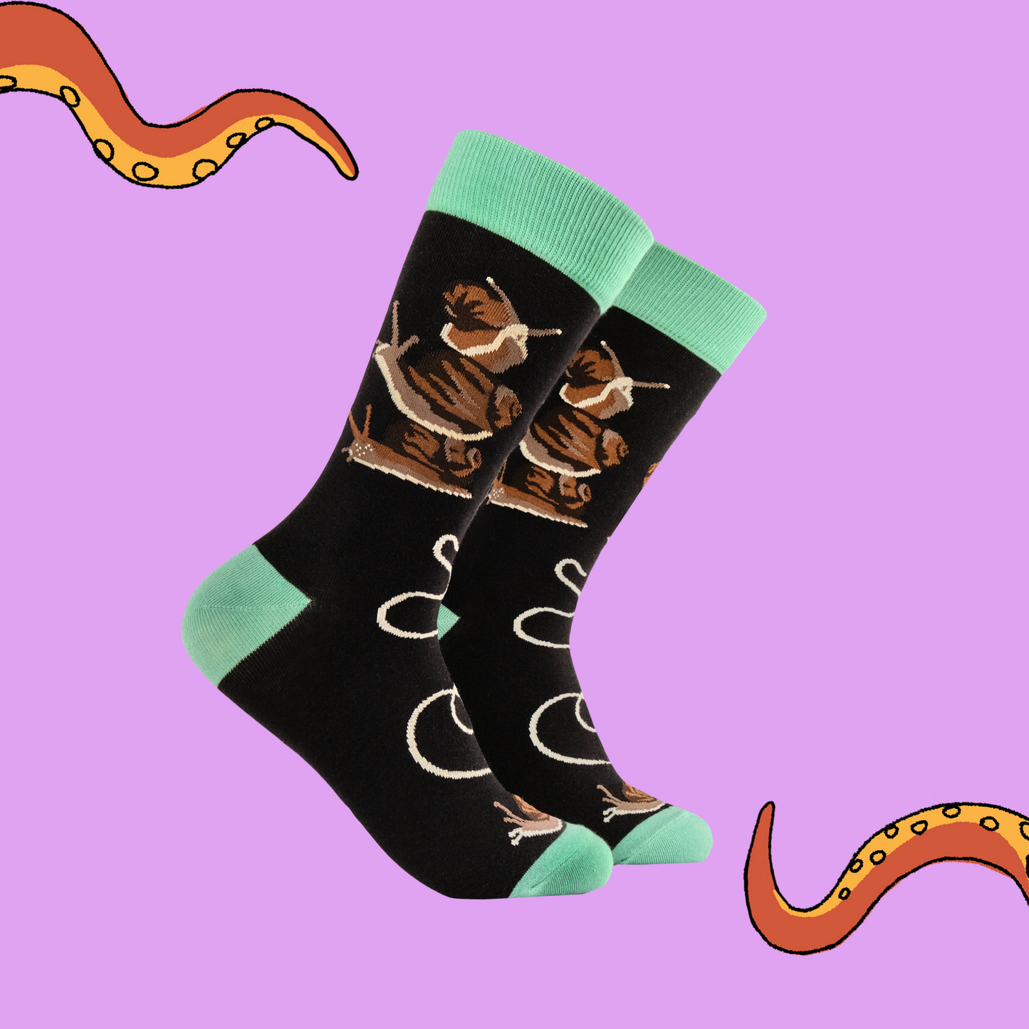 A pair of socks depicting snails. Black legs, green heel, toe and cuff. 