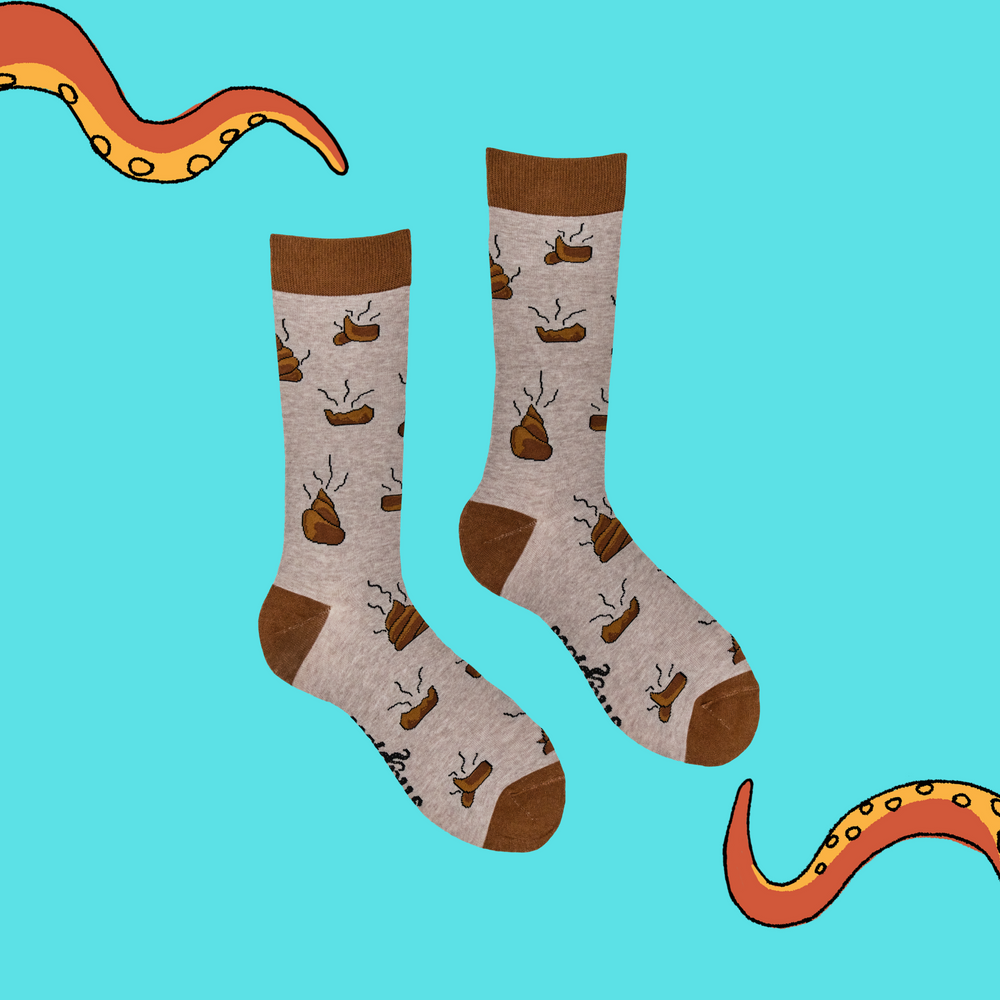 
                      
                        A pair of socks with a poo motif. Grey legs and brown heel, toe and cuff. 
                      
                    