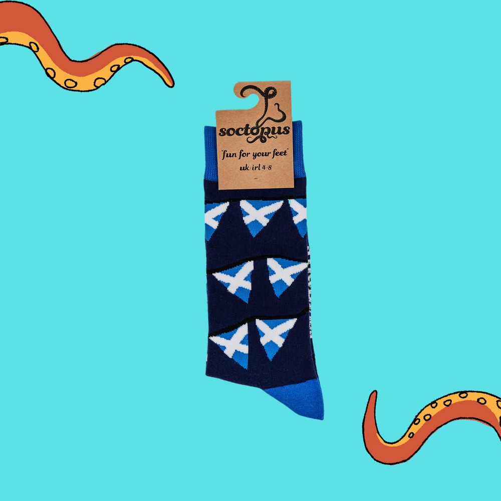 
                      
                        A pair of socks depicting the Scottish flat on bunting. Dark blue legs, light blue cuff, heel and toe. In Soctopus Packaging.
                      
                    