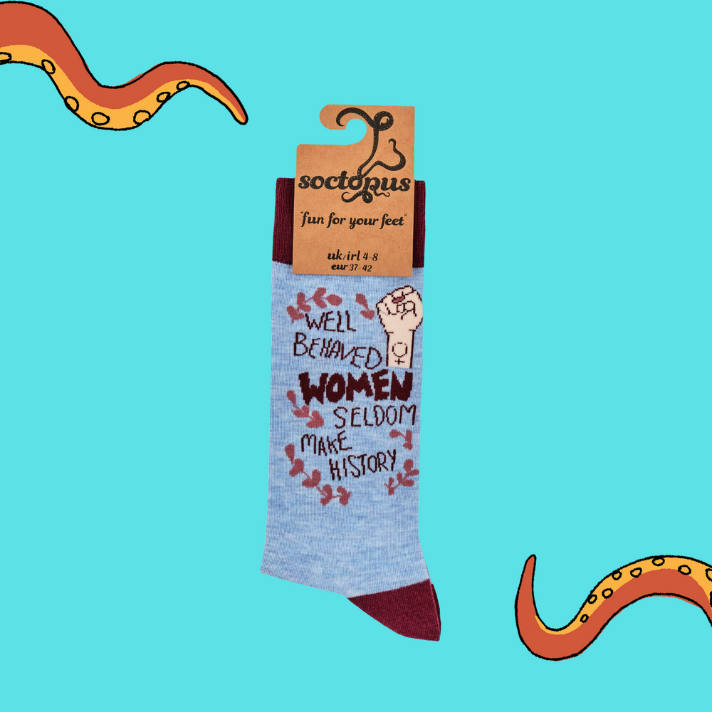 
                      
                        A pair of socks with a feminist slogan. Blue legs, claret heel, toe and cuff. 
                      
                    