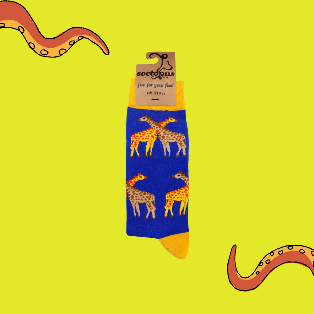 
                      
                        A pair of socks depicting giraffes. Royal blue legs, yellow cuff, heel and toe. In Soctopus Packaging.
                      
                    