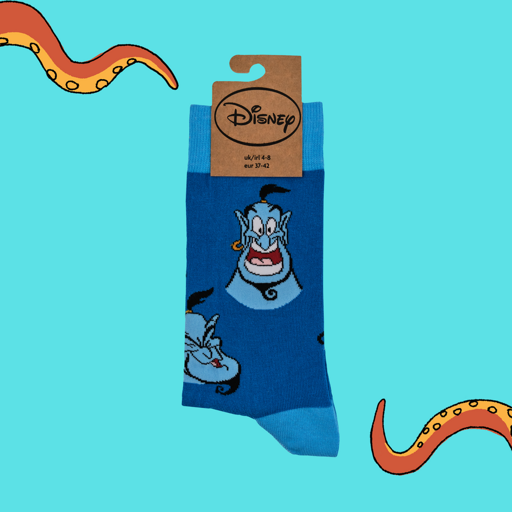 
                      
                        A pair of socks depicting the genie from Aladdin. Blue legs, light blue toe, heel and cuff.
                      
                    