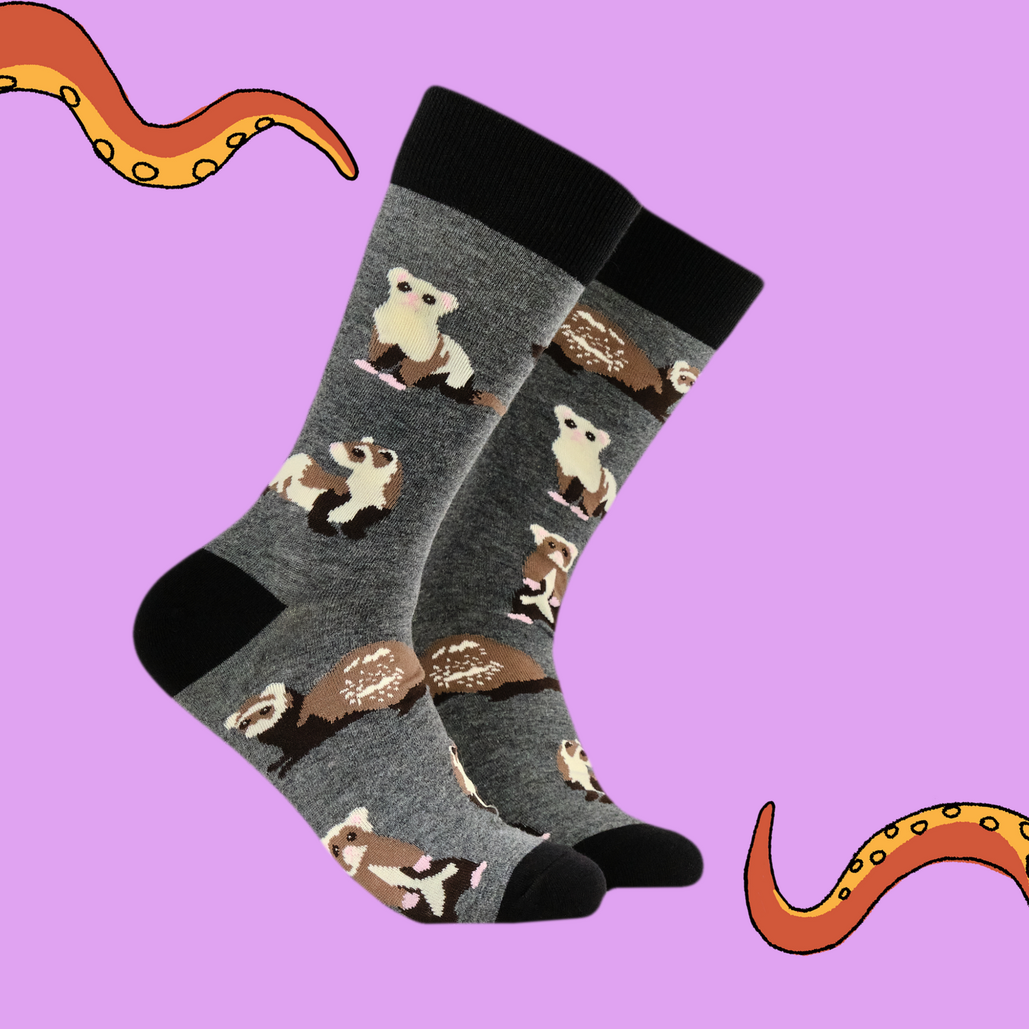 A pair of socks featuring ferrets. Grey legs, black heel, toe and cuff. 