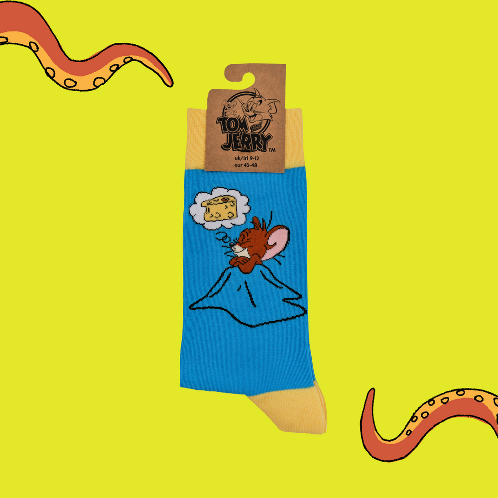 
                      
                        A pair of socks depicting Jerry having cheese dreams. Blue leg, yellow toe, cuff and heel.
                      
                    