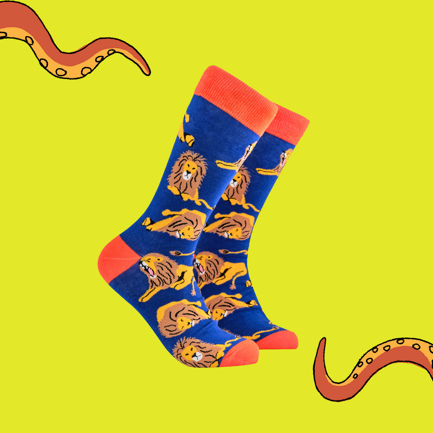 
                  
                    A pair of socks depicting lions. Blue legs, red cuff, heel and toe.
                  
                