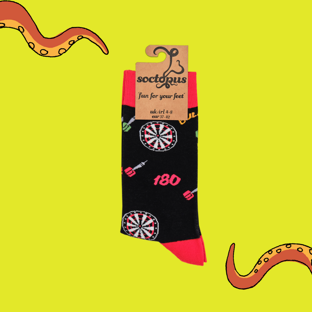 
                      
                        A pair of socks depicting darts and dartboards. Black legs, red cuff, heel and toe. In Soctopus Packaging.
                      
                    