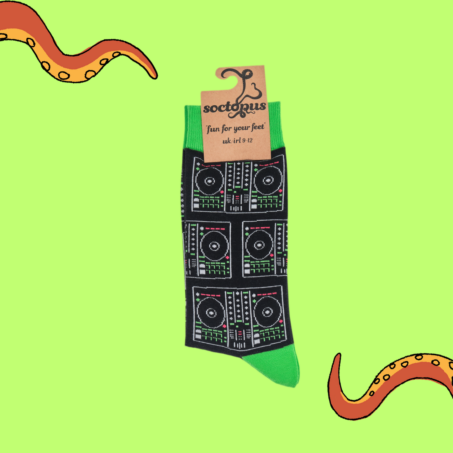 
                  
                    A pair of socks depicting digital DJ controllers. Black legs, green cuff, heel and toe. In Soctopus Packaging.
                  
                