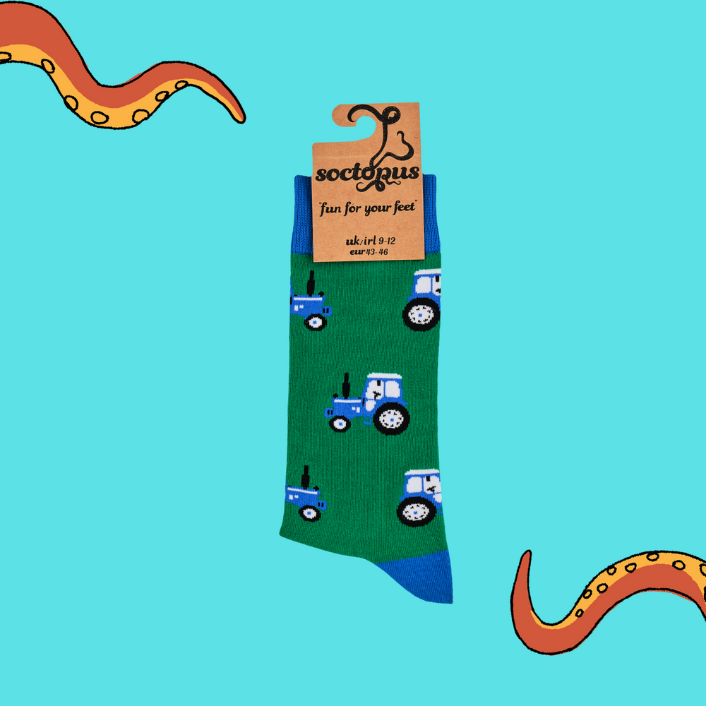 
                      
                        A pair of socks depicting blue tractors. Green legs, blue cuff, heel and toe. In Soctopus Packaging.
                      
                    