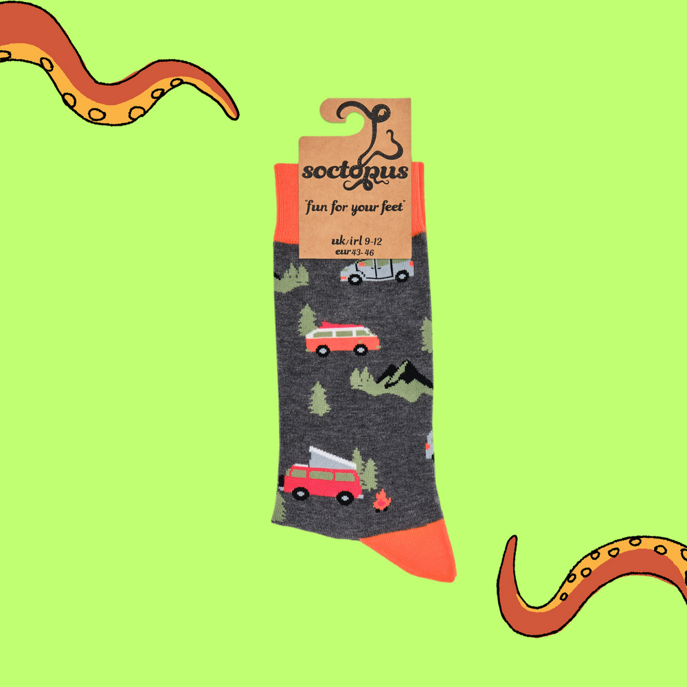 
                  
                    A pair of socks depicting red and blue vintage camper van. Grey legs, orange cuff, heel and toe. In Soctopus Packaging.
                  
                