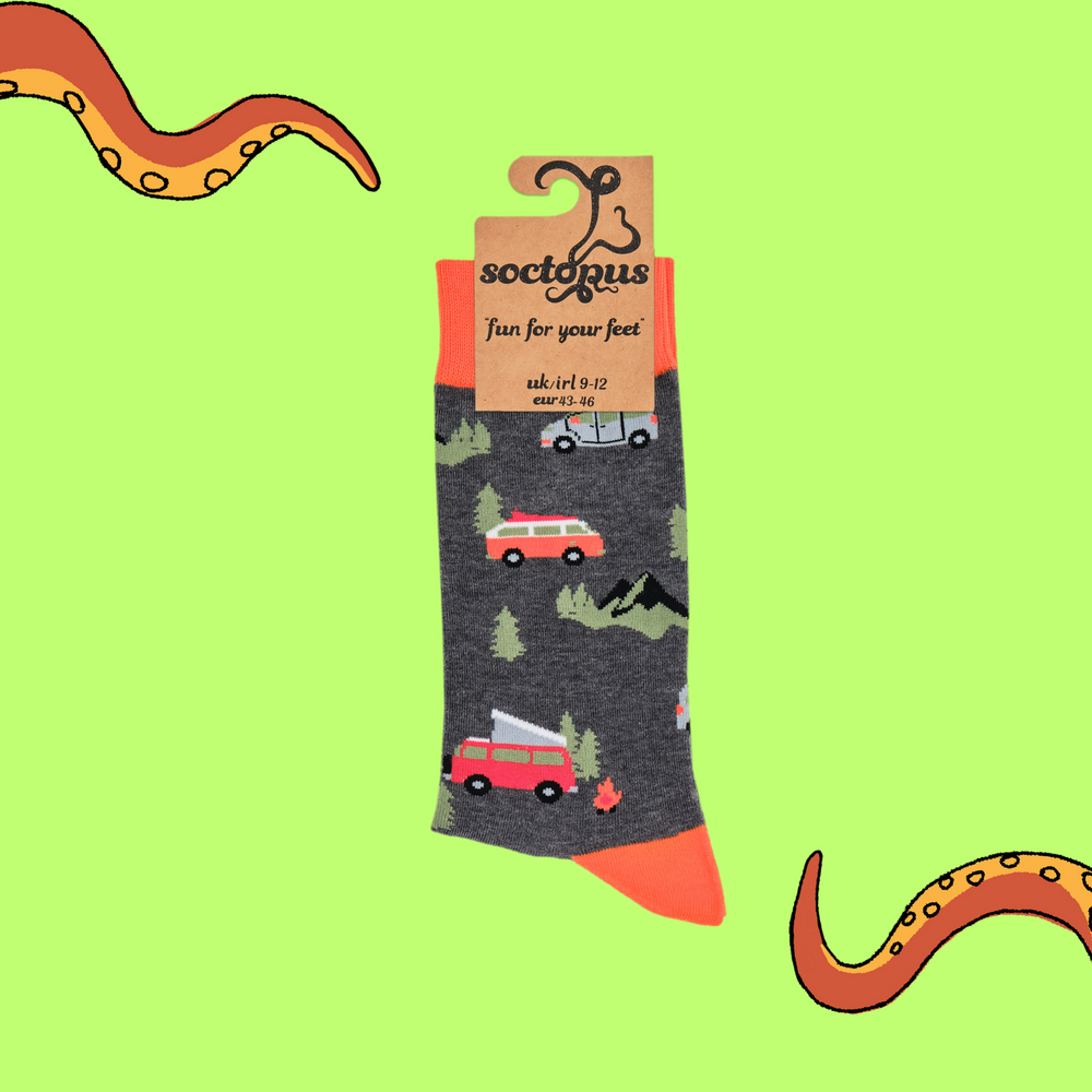 
                      
                        A pair of socks depicting red and blue vintage camper van. Grey legs, orange cuff, heel and toe. In Soctopus Packaging.
                      
                    