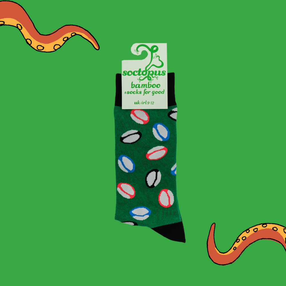 
                      
                        A pair of socks depicting rugby balls. Green legs, black cuff, heel and toe. In Soctopus Packaging. 
                      
                    