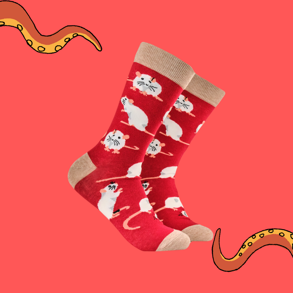 
                      
                        A pair of socks depicting lucky rats. Red legs, brown heel toe and cuff. 
                      
                    