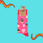 A pair of socks depicting cakes. Pink legs, red cuff, heel and toe. In Soctopus Packaging.