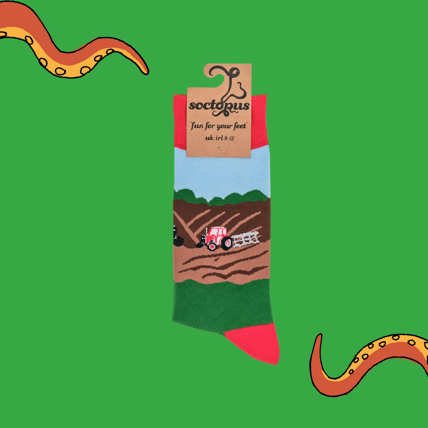 
                  
                    A pair of socks depicting farm life and tractor plowing the field.. Green legs, red cuff, heel and toe. In Soctopus Packaging.
                  
                