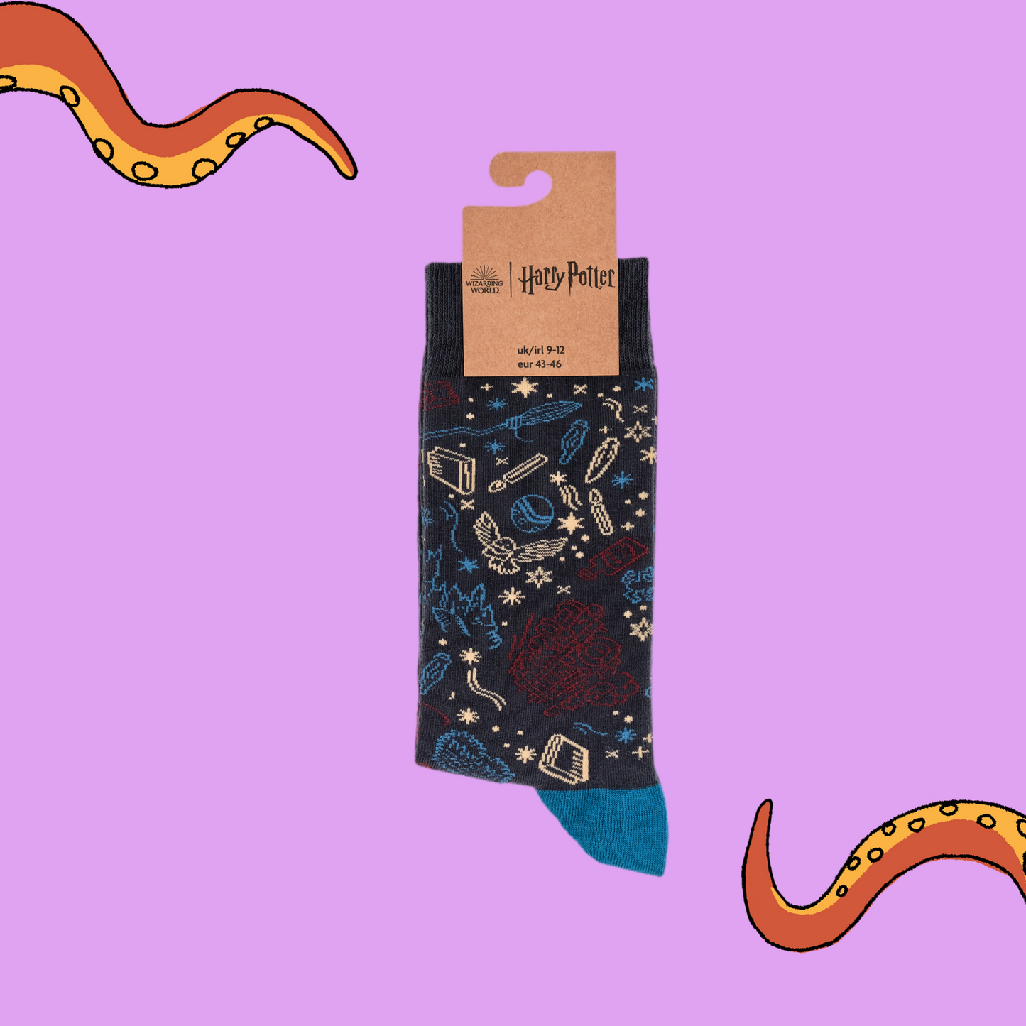 
                  
                    A pair of socks depicting lots of magical elements. Grey legs, blue cuff, heel and toe. In Soctopus Packaging.
                  
                